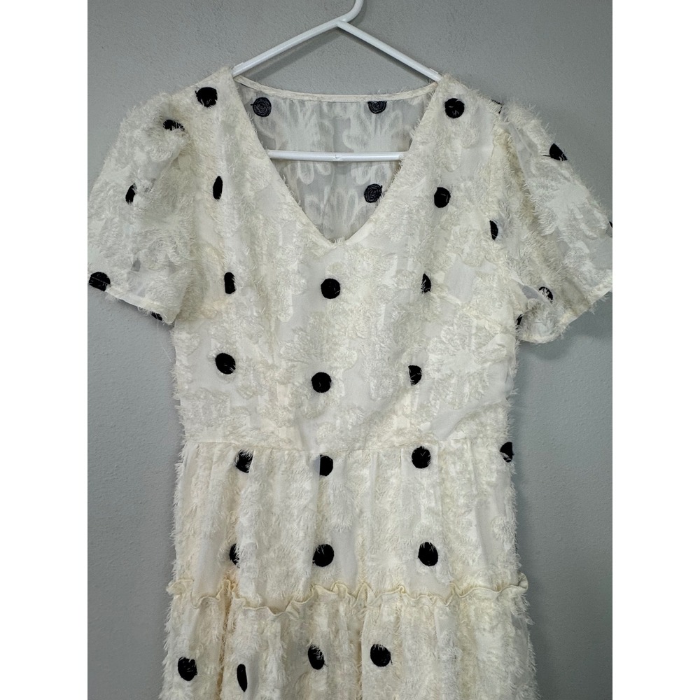 NWT Polka Dot Eyelash Fringe Cream Tiered Dress V-Neck Puff Sleeve Cream Med 6 8 - Picture 3 of 16